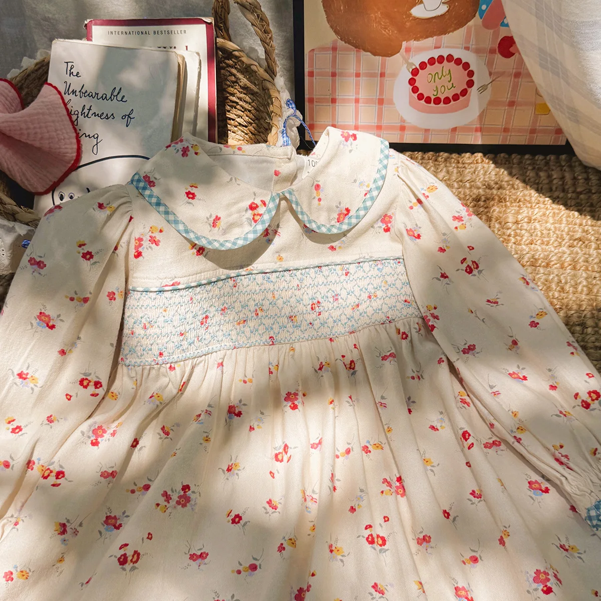 Girls French Style Color Block Plaid Peter Pan Collar Dress Smocked Floral Cotton Kids Dress 2026 Autumn Sweet Baby Dress