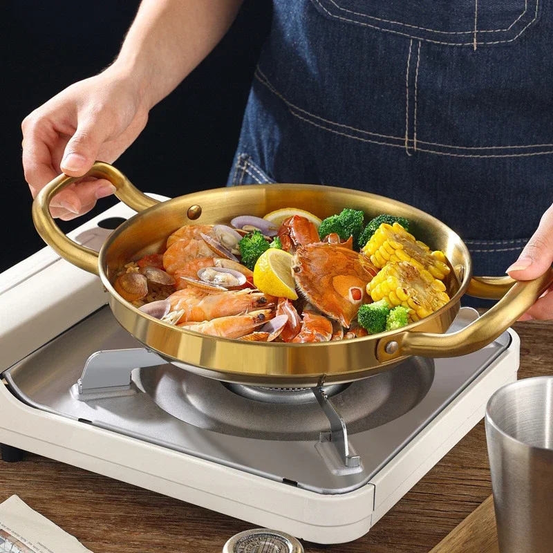 Golden Korean Army Hotpot Thickened commercial double ear Frying pan Dry pot basin Stainless steel Spanish seafood rice pot images - 6