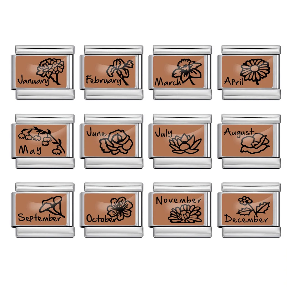 Birth Month Flower Italian Charm 12 Birthflower Tile Links Fit 9mm Italian Module Bracelet Birthday Keepsake DIY Making Jewelry