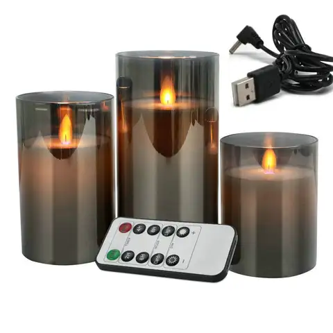 USB Rechargeable LED Flameless Pillar Candle Set Flickering Moving Wick Paraffin Real Wax Remote Controlled W/Timer-Grey Glass