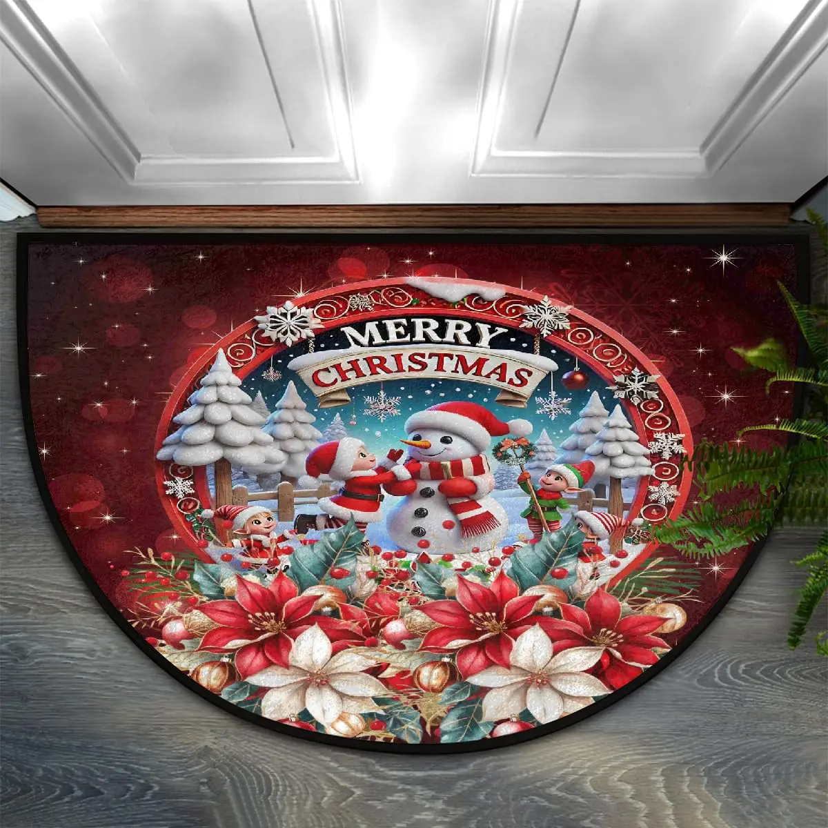 VIKAMA Christmas Snowman Round Decoration Half Round Door Mat Non Slip Washable Semi Circle Absorbent Soft Area Rug Home Decor