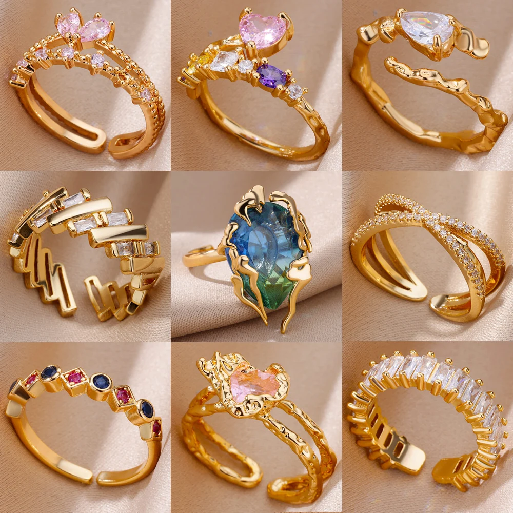 Anillos de corazón de circón para mujer, anillo abierto de Color dorado de acero inoxidable, diseño de tendencia, joyería impermeable para boda,