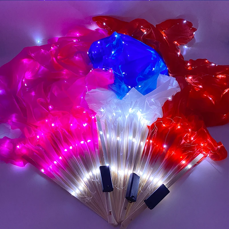 LED Belly Dance Long Silk Fan Poi Square Fitness Costume Luminous Fans for  Dancing Stage Performance Props Glow Party Supplies