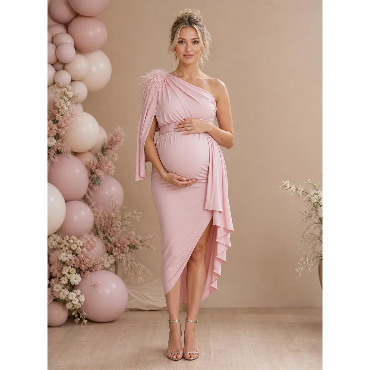 Pink One Shoulder Maternity Baby Shower Dress with Feather Cape Sleeve ZX004
