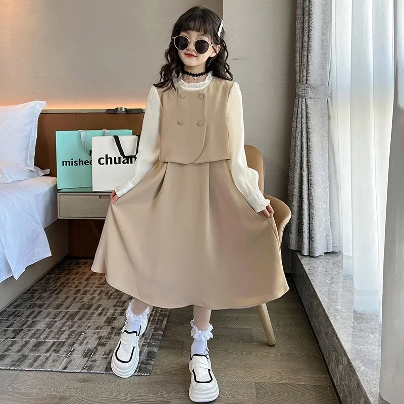 Autumn New teenager girls dress Korean spliced long sleepred kids dresses fashionable Lotus collar childrens clothing