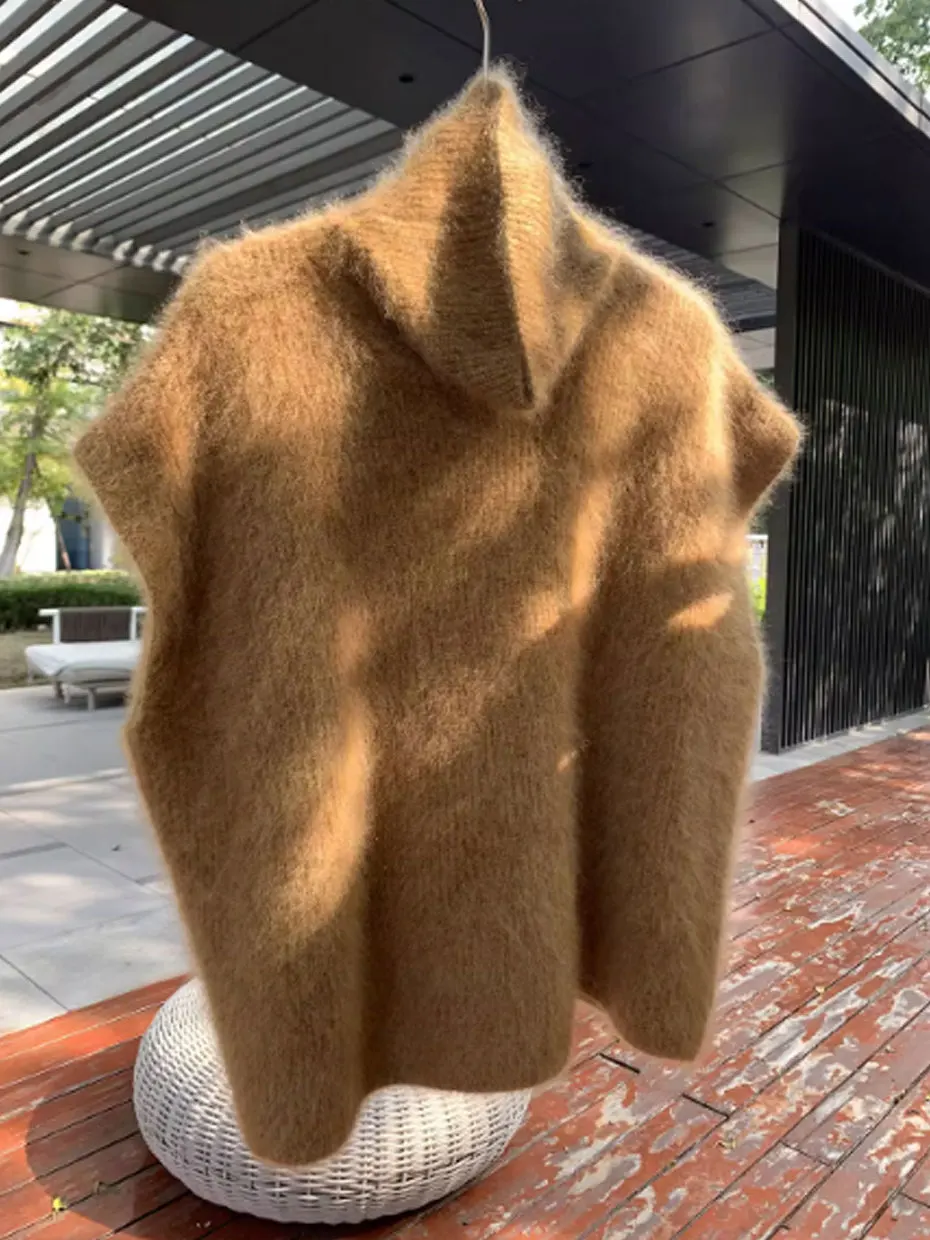 Brown Knitted Loose Vest Women's Outerwear Autumn Winter Thickened Sleeveless High Collar Sweater Base Layer Top Street Style