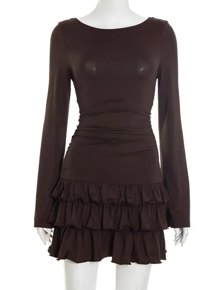 2025 novo outono manga longa plissado sexy mini vestido feminino moda sólida o pescoço cintura alta a linha em camadas clube vestido de festa feminino