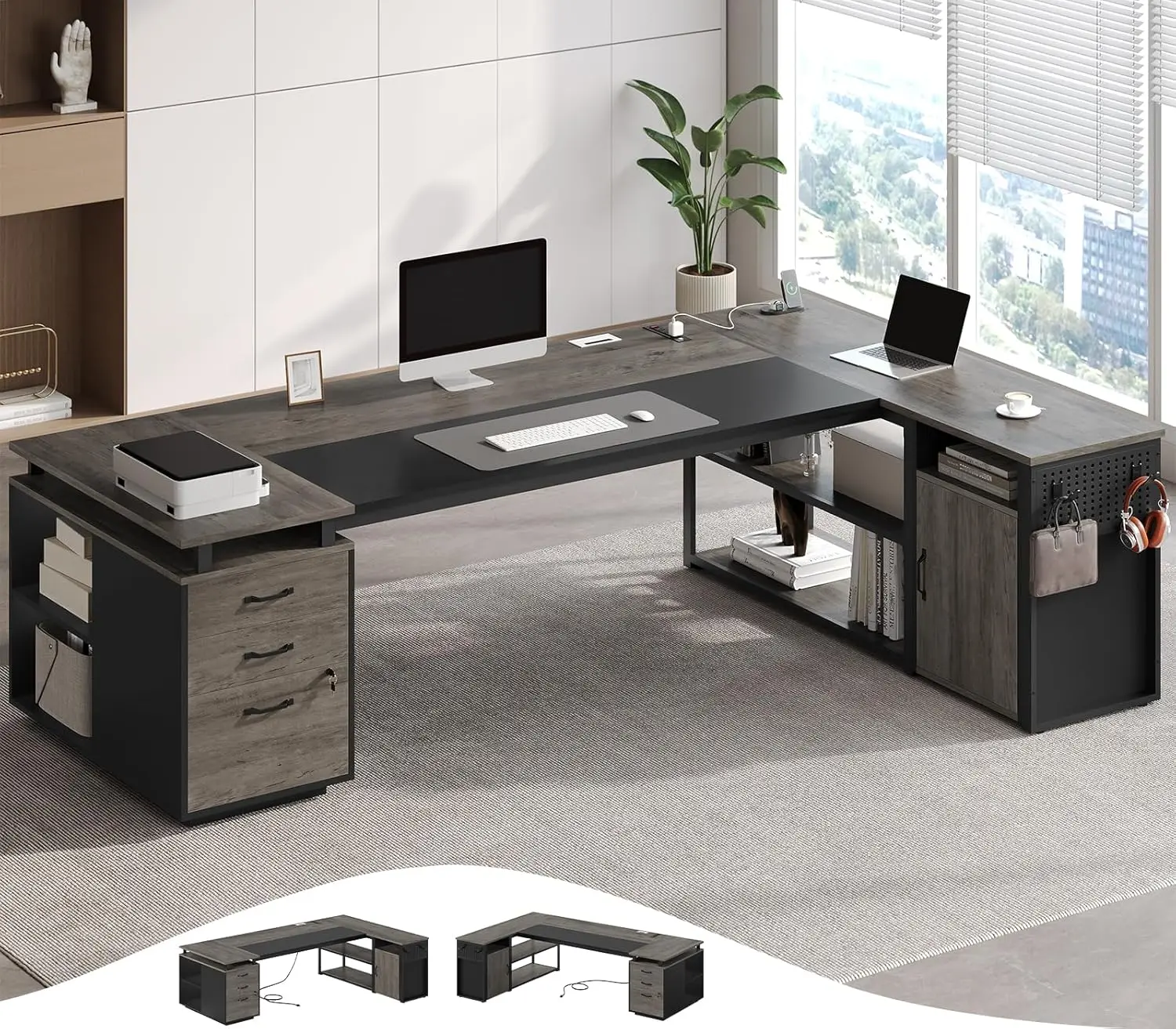

78in L Shaped Executive Desk Lockable File Cabinet Power Outlets Storage Shelves Reversible Privacy Panel Grey, Customized