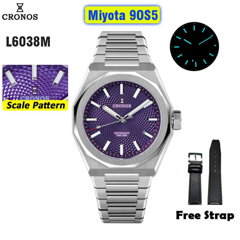 Cronos Luxury Men Watch 39mm Automatic PT5000 SW200 Wristwatches Scale Pattern Sapphire 10ATM See-through Back L6038M NO RIVETS
