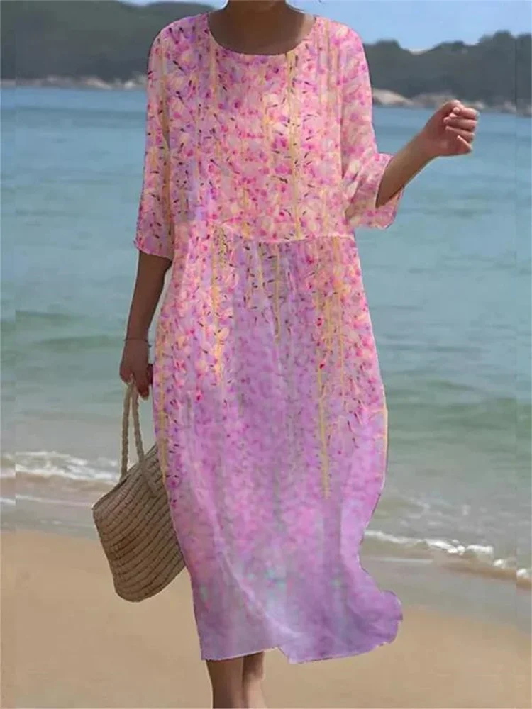 

col rond Floral Art Print robe graceful des femmes Half Sleeves Thin Casual Daily Wear Bohemian Vacation Style Beach Midi Dress