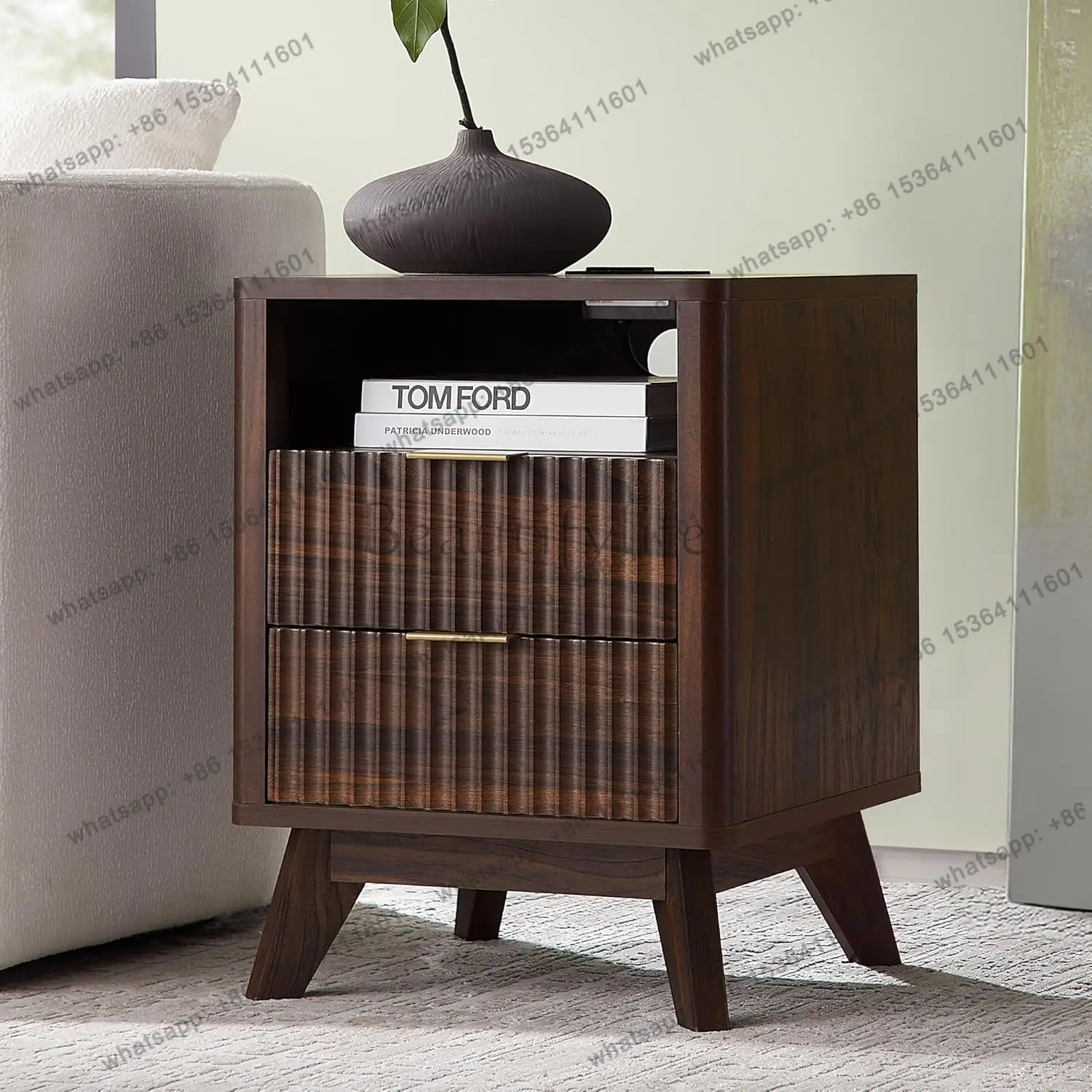 YJ   Fluted Nightstand with Charging Station, 18' Modern End Table, 2 Drawers, Dark Walnut