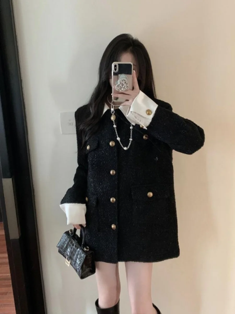  Black Quilted Jacket Women's Autumn Winter New Style Commute Wind Straight Tube Long Sleeve Button Closure Polyester