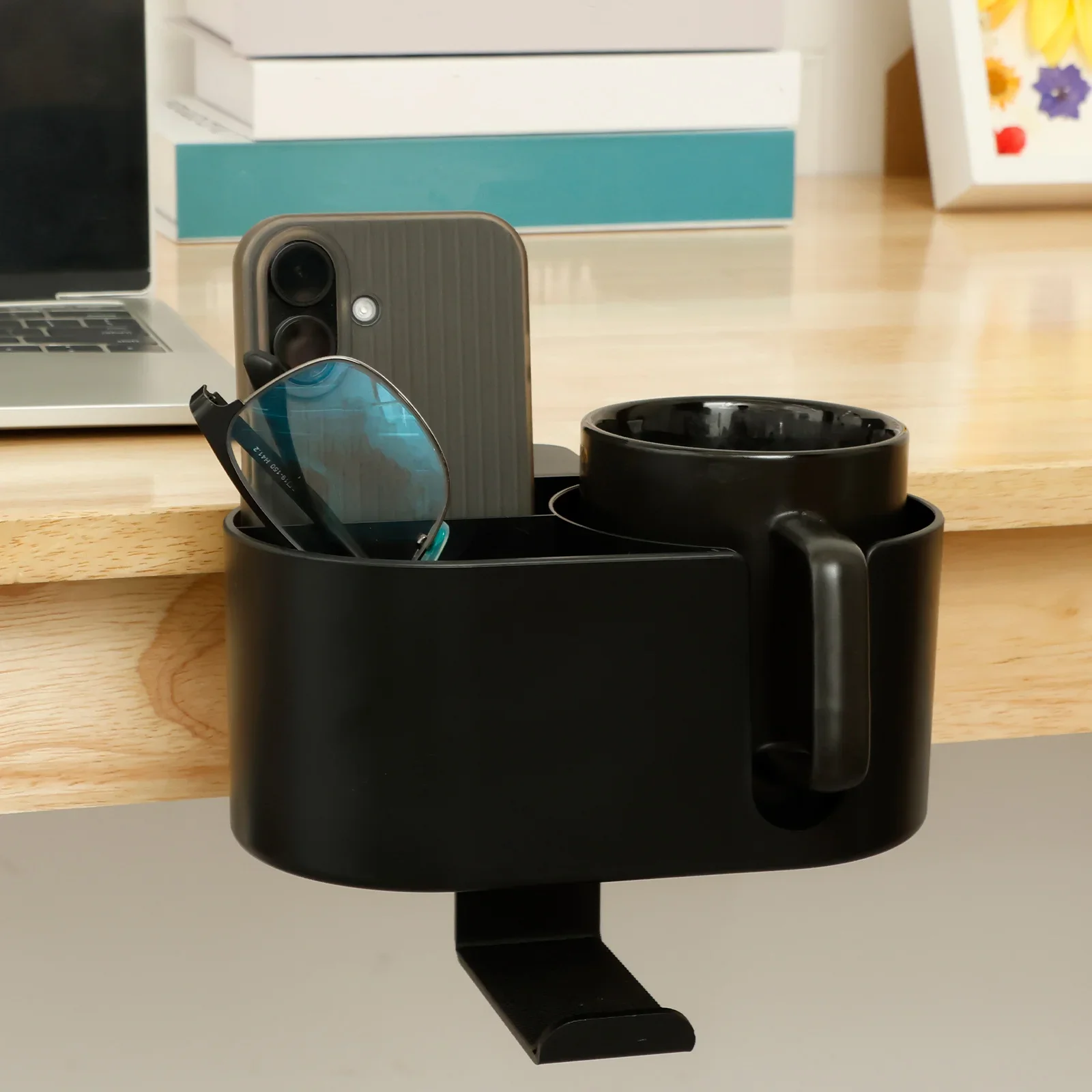 

4 in 1 Desk Cup Holder Clamp on Under Desk Headphone Hanger Versatile Easy to Install Cup Holder for Coffee Mugs Water Bottles
