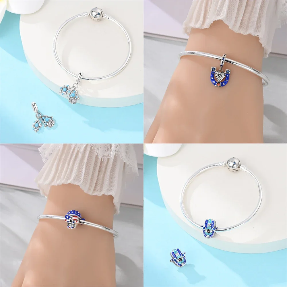

Guardian's Hand Pendant Blue Football Skull Cross Bead Original 925 Silver Bead Fit Bracelet Accessory Women Jewelry Diy Gift
