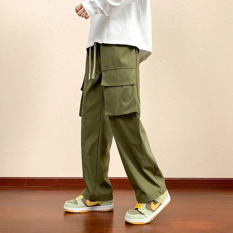 Autumn Khaki Cargo Pants Men Korean Streetwear Solid Harajuku Loose Straight Long Trousers 2024 Winter Wide-leg Baggy Pants Man