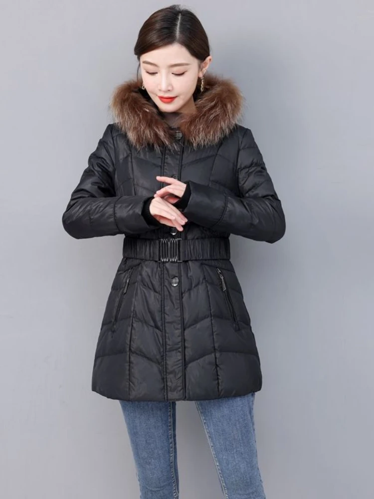 2023 Winter Parkas Women\'s Medium Length Slim Casual Raccoon Fur Collar Hooded Warm Down Jackets Female Coats Women