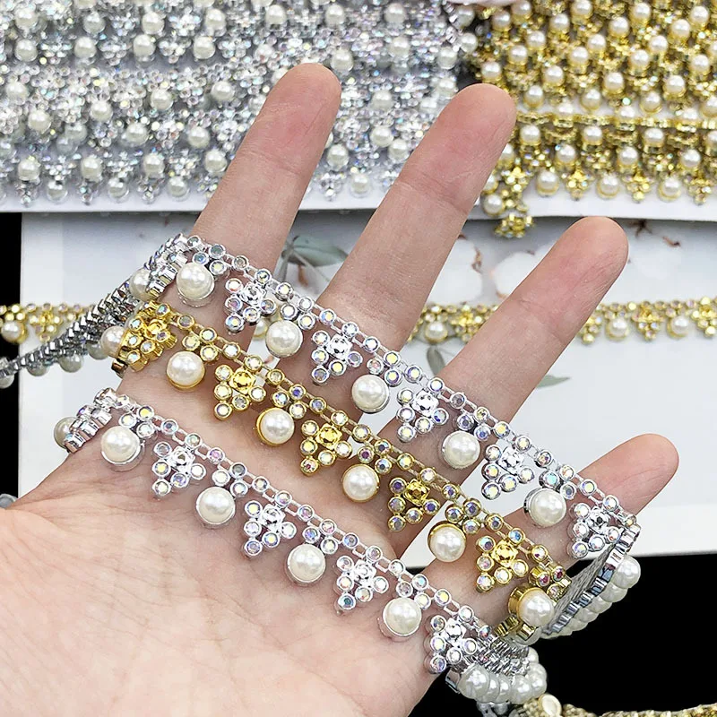 8 Yards 1.3cm Wide Floral Pearl Rhinestone Trim Chain AB Crystal Lace For Bridal Veil Formal Prom Dress Handmade Jewelry Making