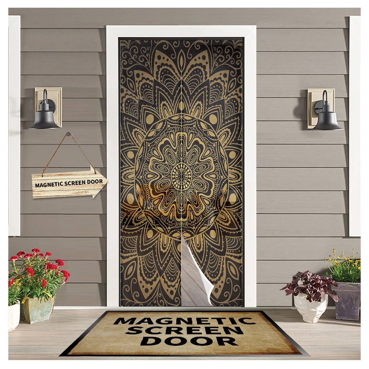 Mandala Flower Summer Magnetic Screen Door Curtains Mosquito Net Door Curtain for Bedroom Kitchen Door Screens