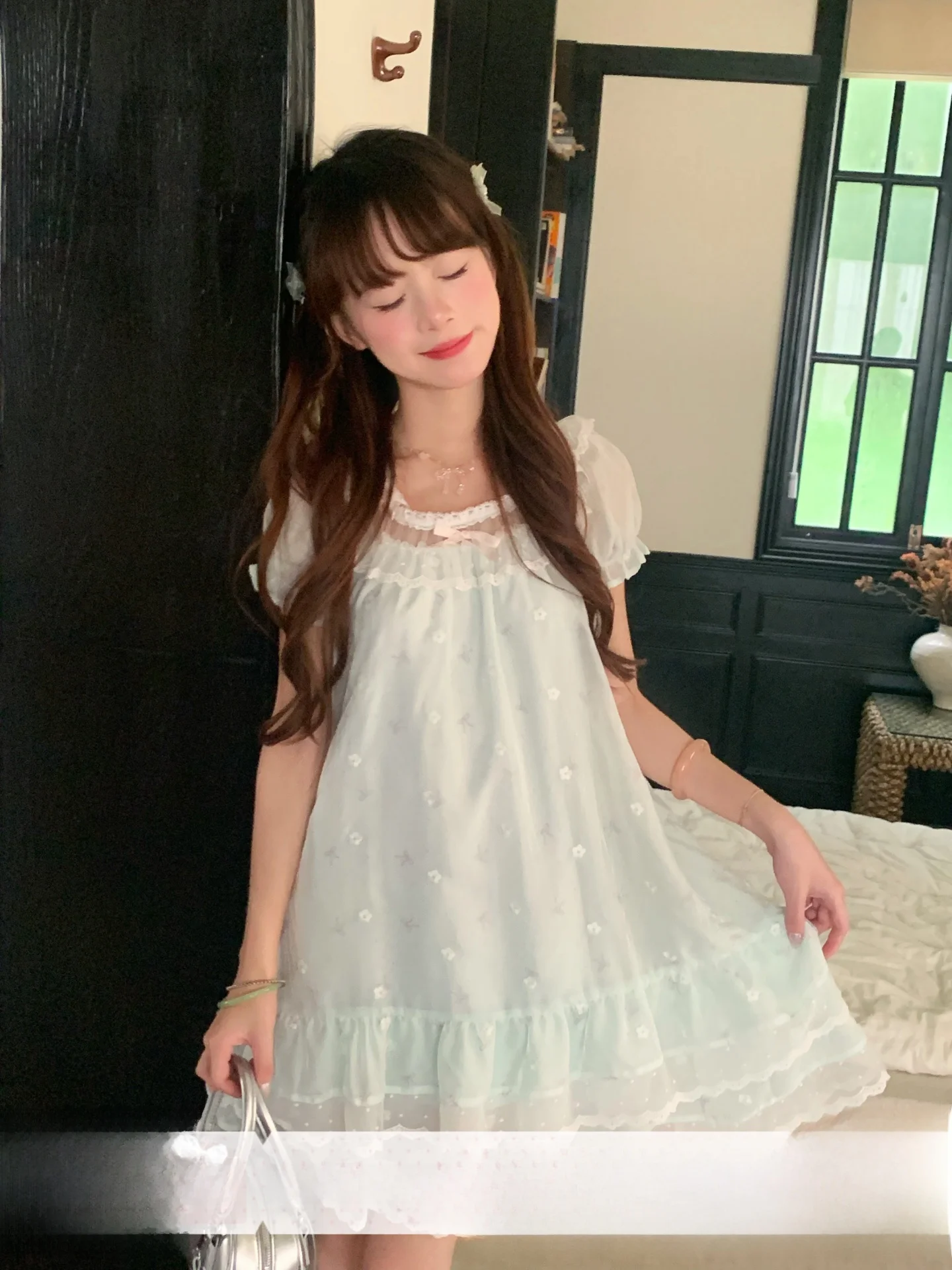 Mint Milk Tart Embroidered Lace Doll Dress Summer Sweet Girl Pleated Cake Dress Women's Fashion Set Casual Pure Color Bubble ...