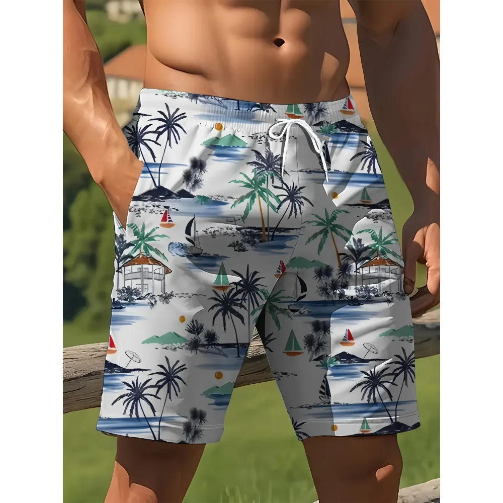 Men's Hawaiian Beach Pool Casual Surf Shorts Smooth Fabric Washed Ocean Island Cabin Sailboat Pattern Loose Beach Shorts