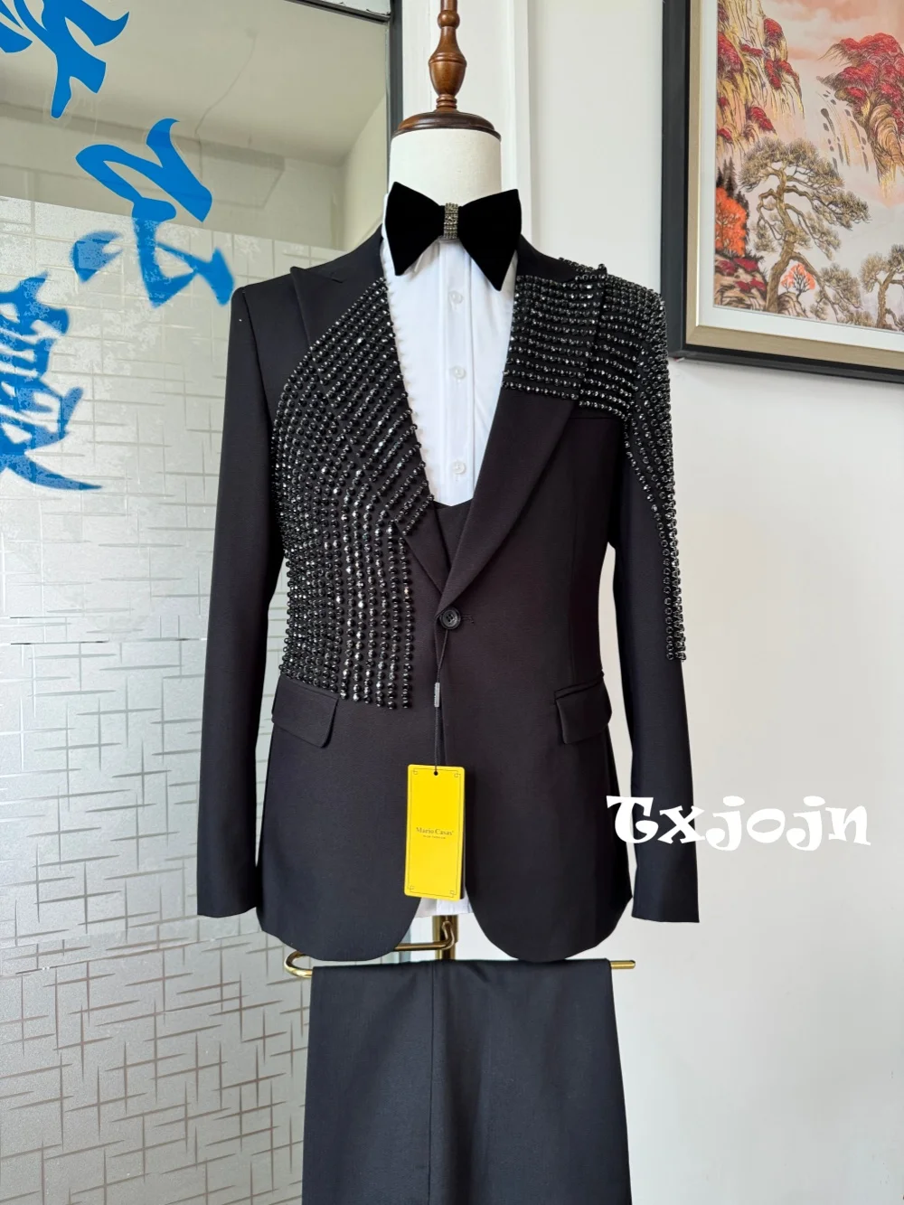 2027 New Man Black Beaded Tuxedo 3 Pieces Formal Party Blazer Custom Made Elegant Peak Lapel Suits Wedding Groom Sets S-3XL
