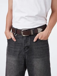 1pc Men's Western Style Distressed Pattern Leather Belt, Versatile Accessory For Jeans