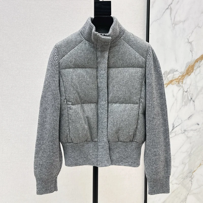 고품질 니트 울 소매 스탠드업 칼라 퀼팅 다운 재킷 여성용 코트 겨울 의류 25100905