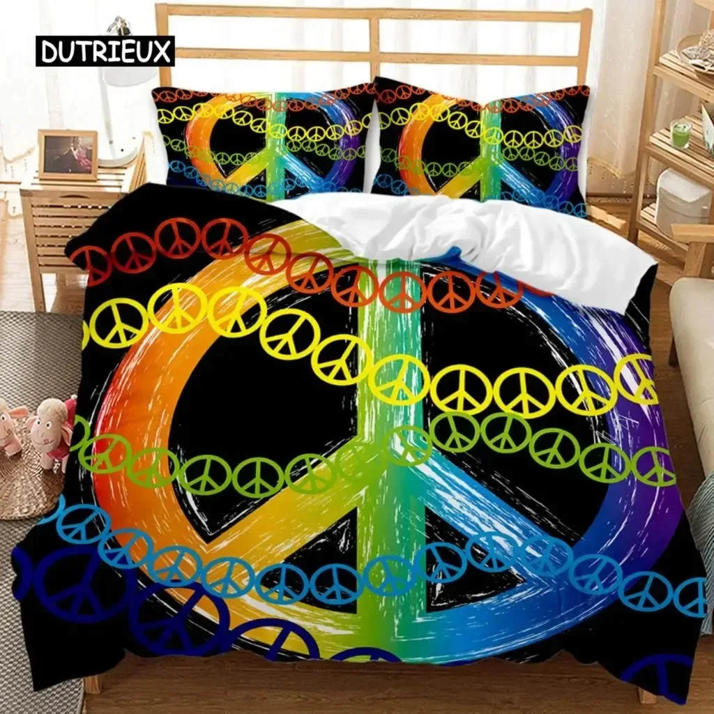 Peace and Love Duvet Cover Set Colorful Peace Sign Bedding Set for Boys Girls Rainbow Tie Dye King Polyester Comforter Cover