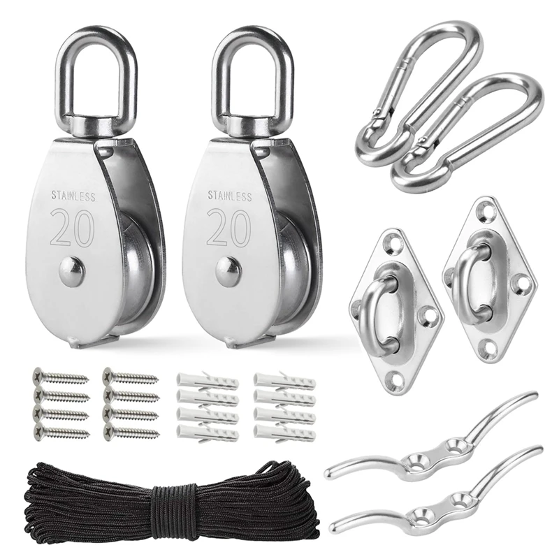 2 Pack M20 Stainless Steel Pulley System Kit-Heavy-Duty Pulley Wheel, Pulley Block With Nylon Rope, Hooks, Eye Pad Plate Durable