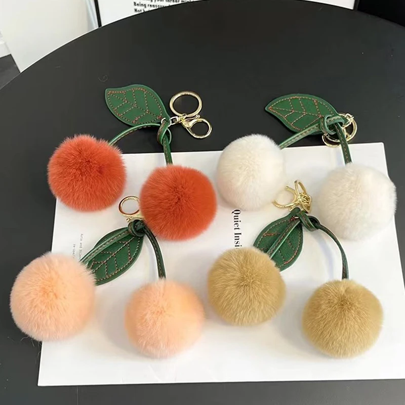 New Otter Rabbit Hair Cherry Multi-color Car Keychain Pendant Cute Pompom Doll Doll Bag Bag Hanging Key Chains for Women Gift