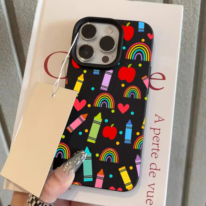 Phone Case For iPhone 11 12 13 14 15 16 17 18 Pro Max Plus XS XR 16e 17e Air Ins Style Colorful Wax Crayon Red Apple Heart Cover 3