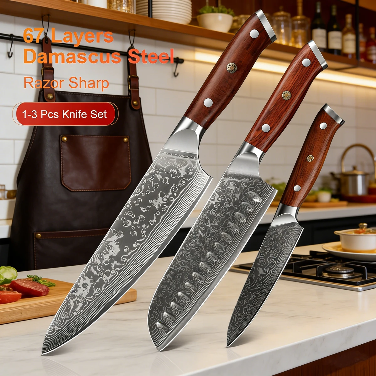 1/3PCS Kitchen Knife Sets Japanese Forged Damascus Steel Chef Santoku Knives Stainless Steel Rosewood Handle