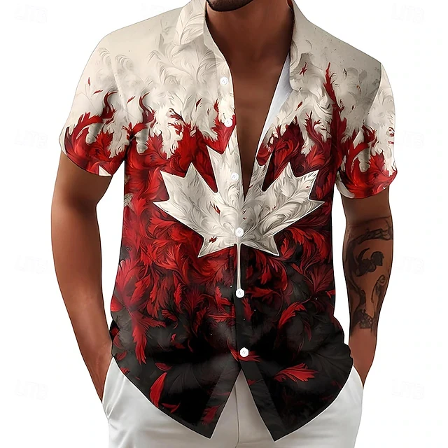 Mens Canada Day Abstract Maple Leaf Print Hawaiian Shirt Short Sleeve Button Down Casual Aloha For Men Patriotic Party Top