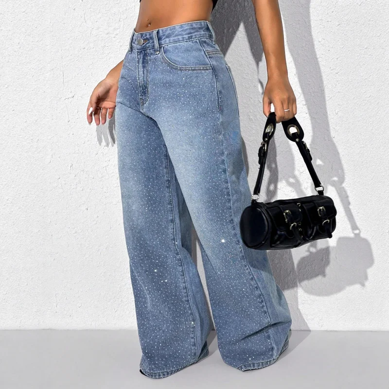 

Foreign trade European and American cross-border women's rhinestone-washed jeans, plus-size low-waist loose buttoned straight-le