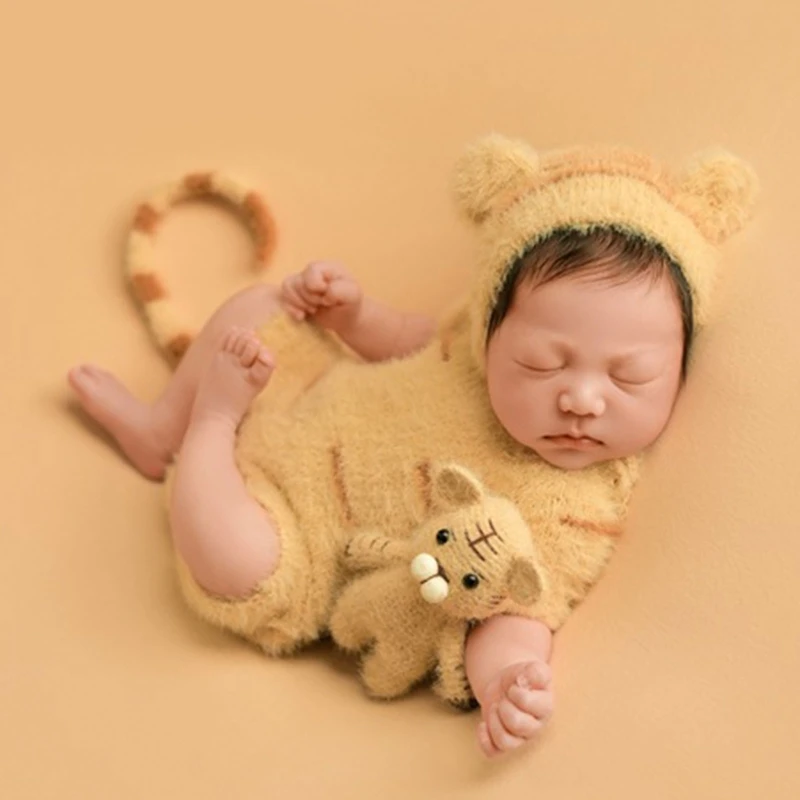 Newborn Photography Tiger Shape Clothing Hat Jumpsuit Tail Kit Suit Accessory for Infant Baby Girls Boys Studio