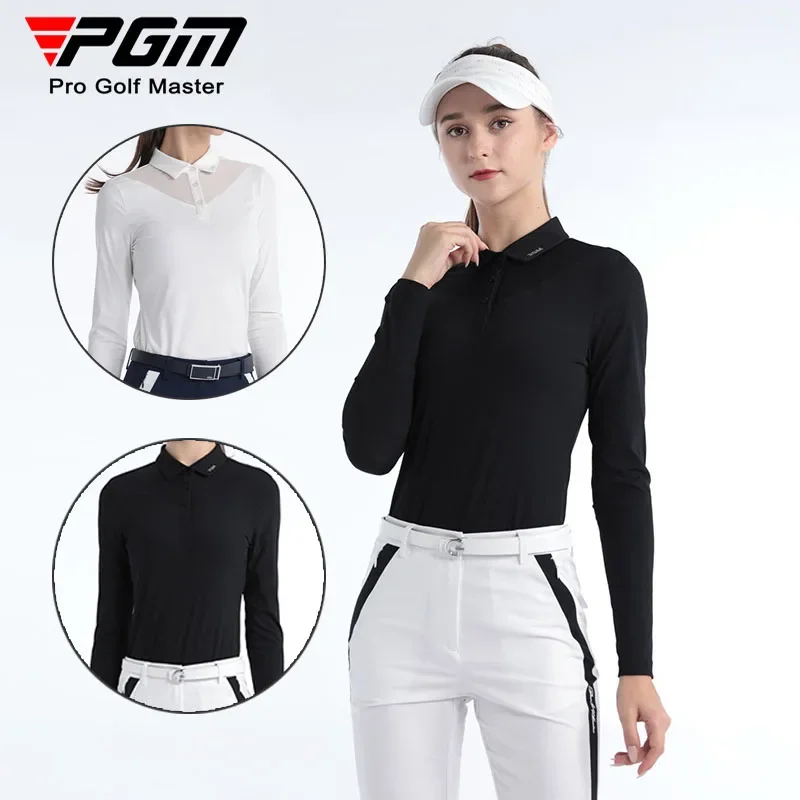 PGM Autumn Women Stretch Lace Golf Shirt Lady Breathable Full Sleeve T-shirt Hollow Polo Collar Tops Fashion Elegant Sportwear