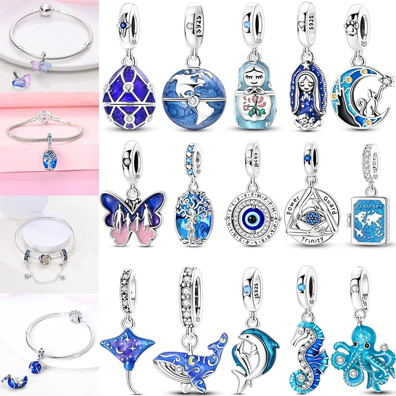 925 Sterling Silver Ocean Travel Charm Beads Whale Dolphin Seahorse Octopus Moon Globe DIY Bracelet Necklace Gift for Women