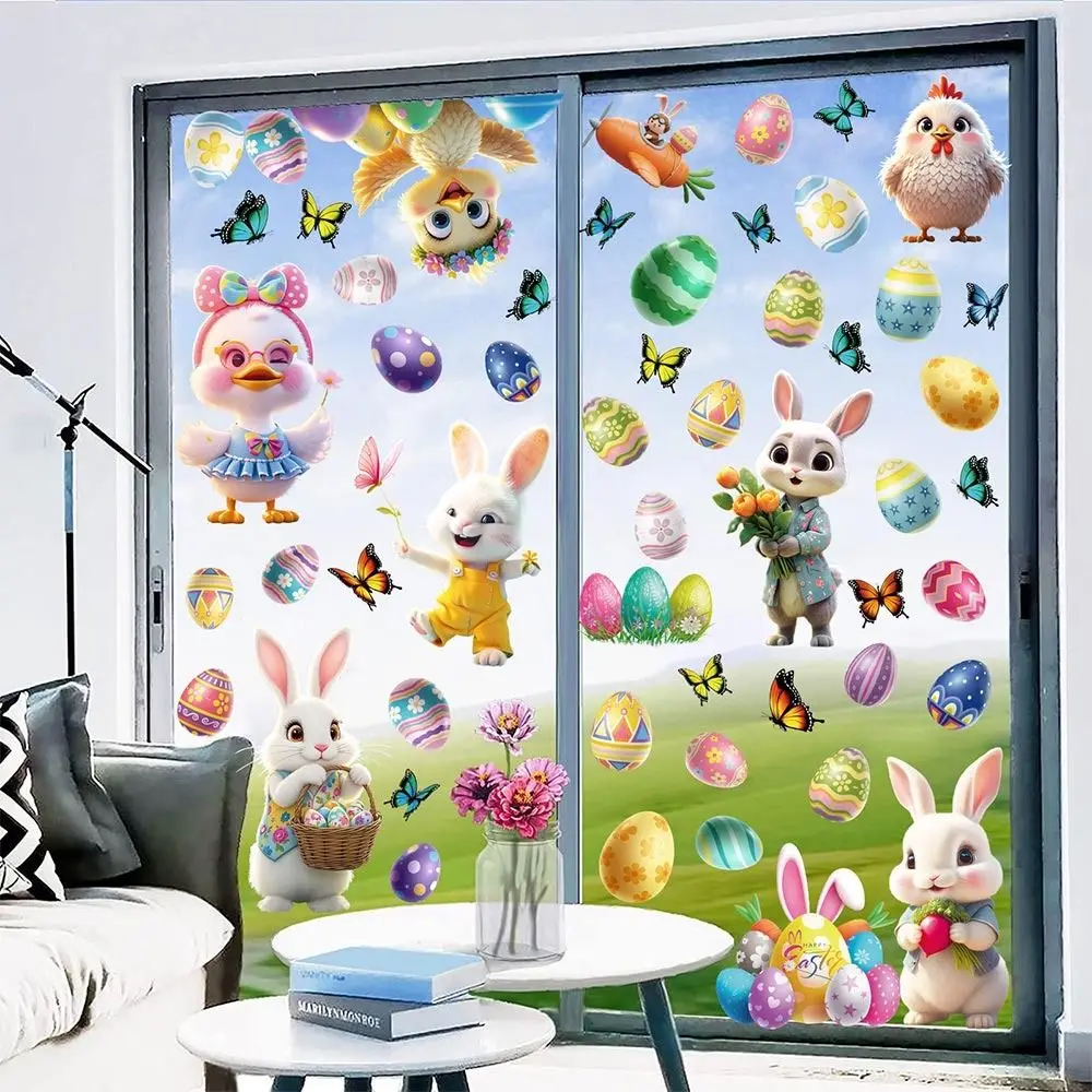 9 Sheets Cartoon Rabbit Easter Window Stickers Multicolor Electrostatic Static Sticker Ornament Cartoon Chiken Flower
