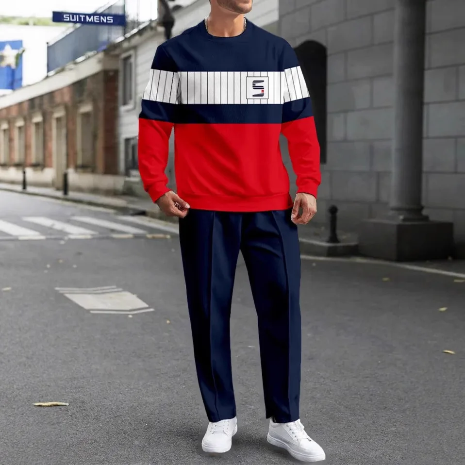 2025 Mens Casual Trendy Tracksuit - Long Sleeve Pants Crewneck for Jogging Cross-Border