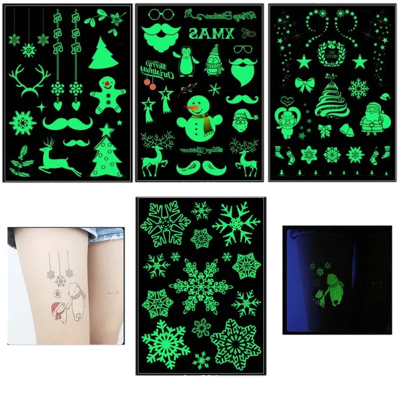 1pcs Christmas Luminous Tattoo sticker Waterproof Arm Body Art Fake Tattoo Sticker for kids men women New Year Santa Home Decor