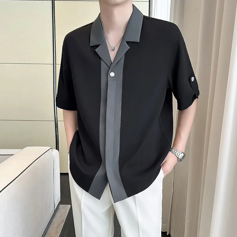 

2025 Summer Splicing Ice Silk Cuban Collar Shirt Men Half Sleeve Loose Casual Shirts Fashion Vacation Hawaii Streetwear Shirt