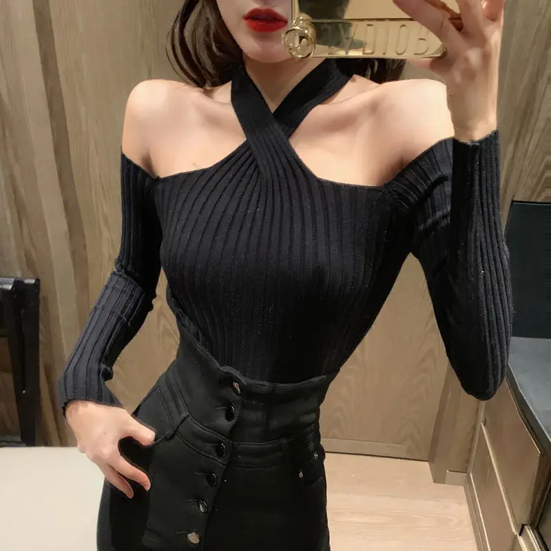 Off-the-Shoulder Cross-Halterneck Sweater Top Women\'s Sweater Woman Sweaters Femme Chandails Pull Hiver