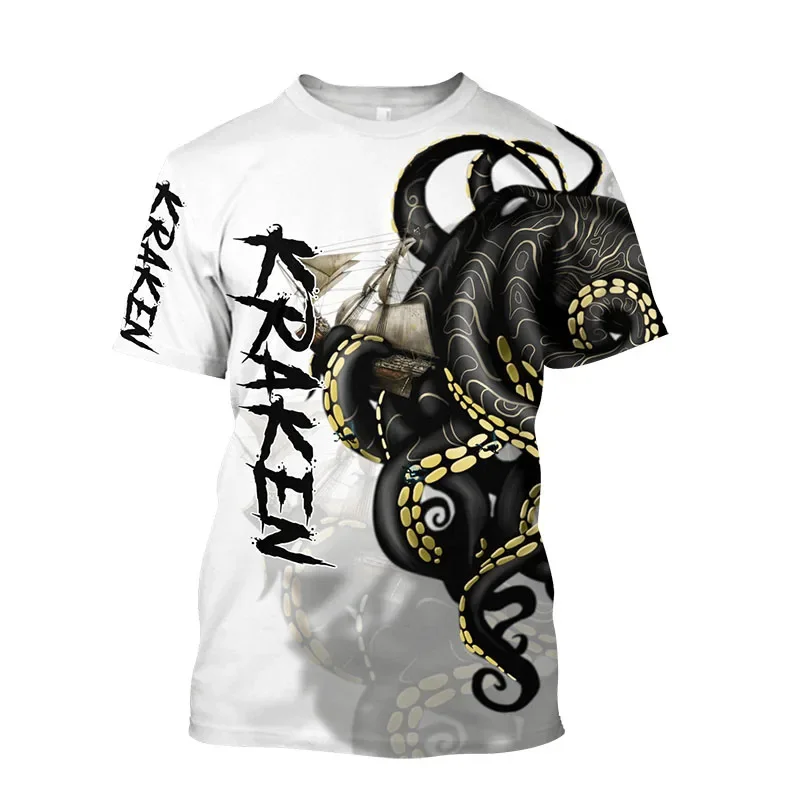 Tentacle Organism Pattern T-Shirt For Men Retro Ocean Animal 3D Printed T Shirts Loose Tees Round Neck Street Tops Short Sleeves