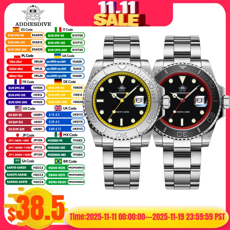 

ADDIESDIVE Fashion Mens Quartz Watches 200m Waterproof BGW9 Super Luminous Montre Homme 316L Stainless Steel Watch