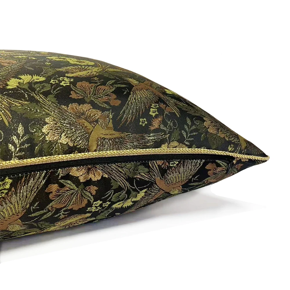 Luxurious Chinese Style Black Woven Gold Birds Flowers Square Pillow Cover 45x45cm Sofa Chair Cushion Cover 1 Piece Pack