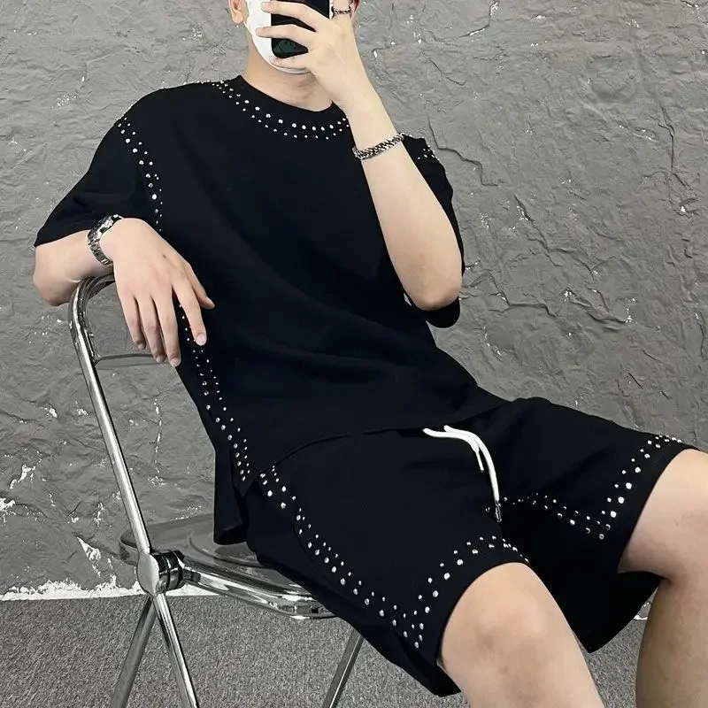 2026 Summer Men's Luxury Rhinestone Trim Casual Set, All-Match Black Short Sleeve T-Shirt + Shorts Hip Hop Style  Outfit
