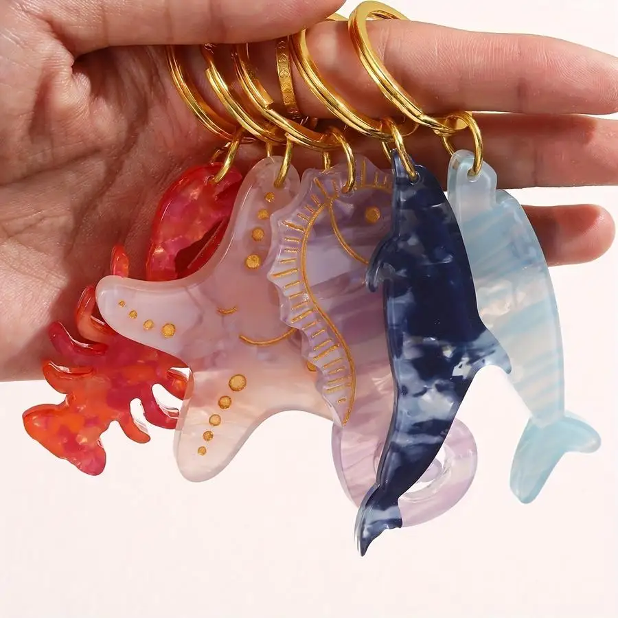 1/5/10/20/50/100pcs Acrylic Ocean Animal Sea Collection Golden Starfish,sea Horse,shark,dolphin,lobster,keychain Funny Positive