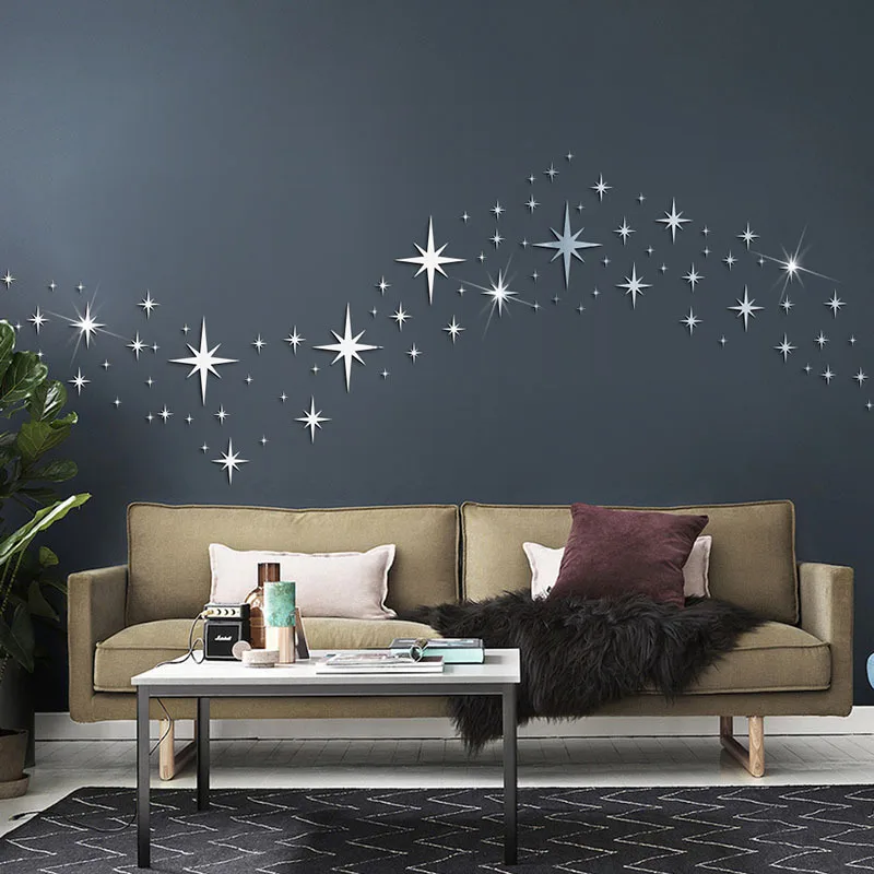 82pcs Acrylic Star Mirror Wall Sticker， Self-Adhesive Wall Decor for Bedroom Living Room Home Office Cafe Restaurant Shop
