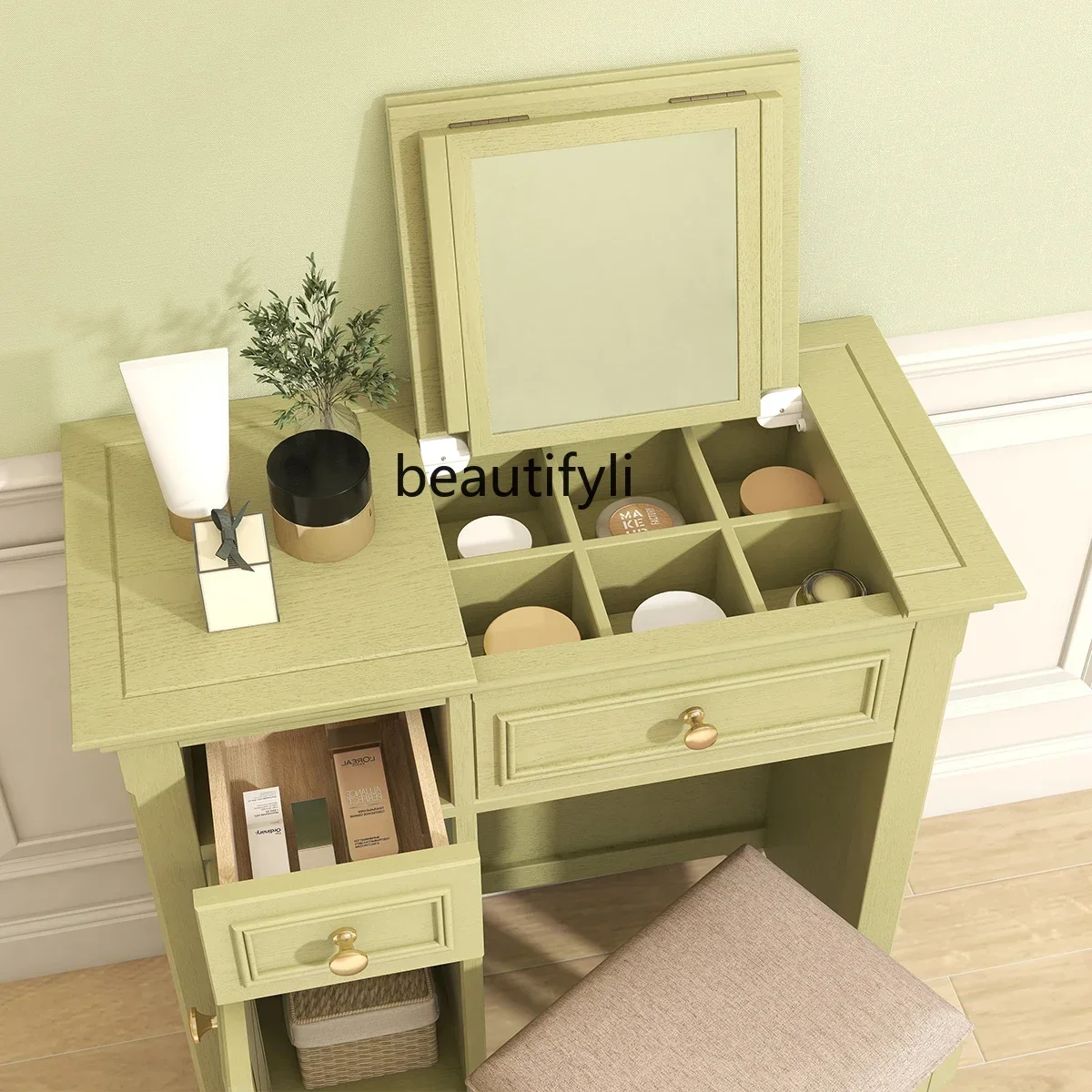 Simple dresser pastoral fresh green makeup table small storage girls bedroom table mirror integrated cabinet