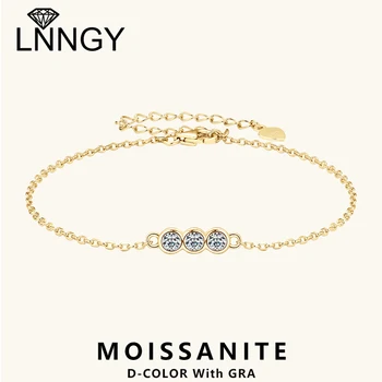 Lnngy 3mm 0.1ct three stone moissanite bracelet for women 925 sterling silver simple adjustable chain bracelet korean jewelry